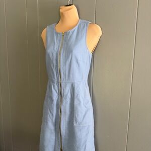 Diane Von Furstenberg linen cotton dress 2 blue zip front sleeveless Euro summer